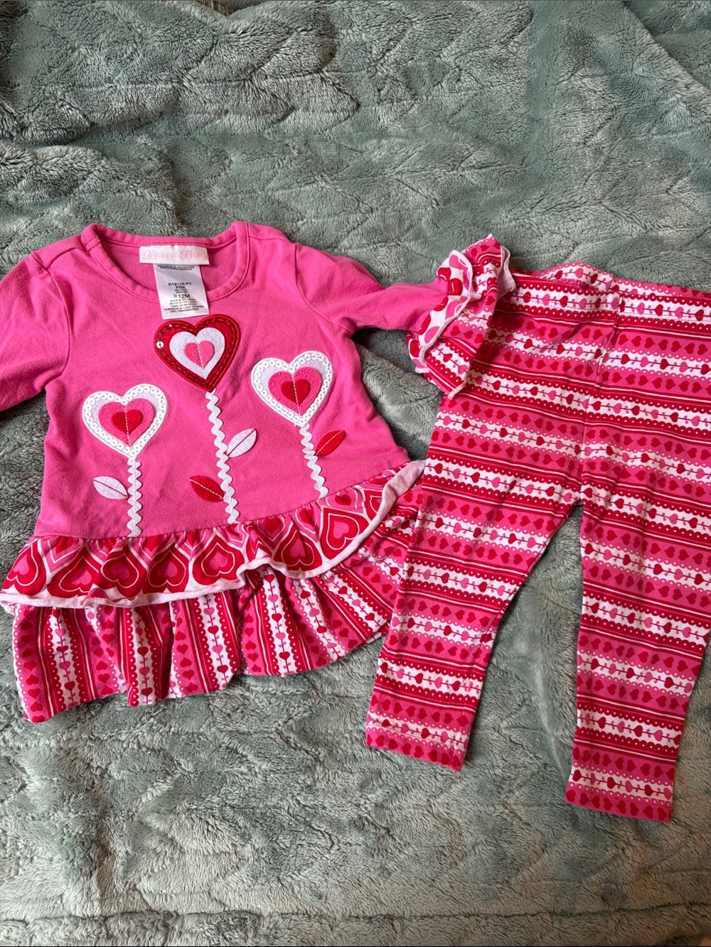 Bonnie Baby Pink Heart Ruffle Pajama Set with Patterned Leggings